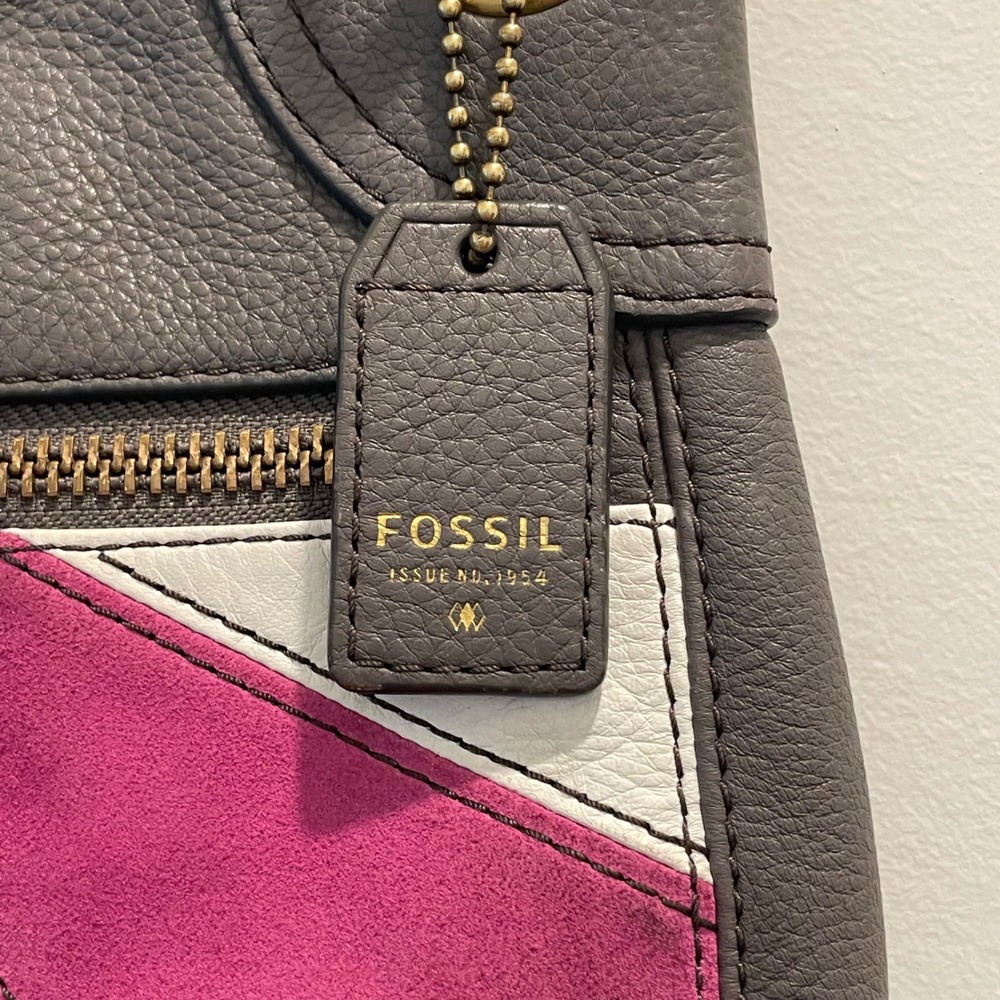 Fossil Gray Leather Geometric Patchwork Hobo Bag … - image 3